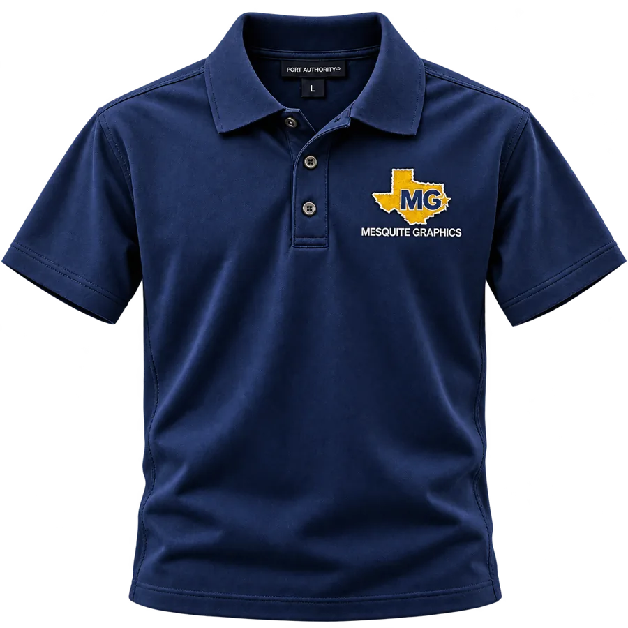 Navy Mesquite Graphics embroidered polo example